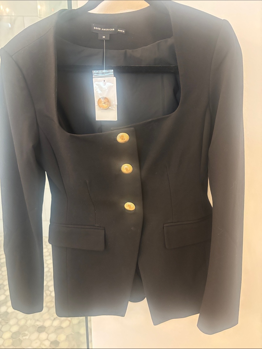Good American Black Square Neck Blazer with Gold Buttons